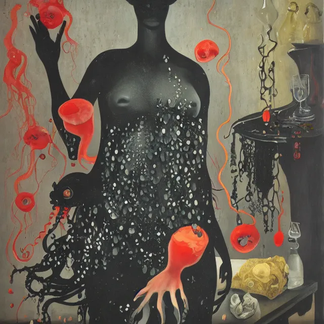 Prompt: sensual, a dark apartment with black walls, portrait of a mermaid holding an octopus, berries dripping juice, pomegranate, jellyfish, seaweed, berries, trash, starfish, coral, rocks, pottery, seaweed, empty pet bottles, scientific glassware, by magritte, neo - expressionism, surrealism, acrylic and spray paint and oilstick on canvas