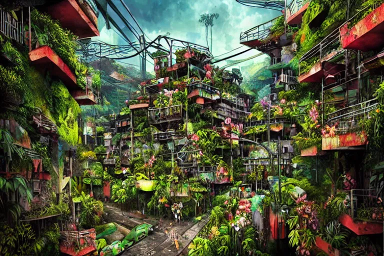Prompt: favela winding cybernetic thrill ride, lush floral jungle environment, blooms, industrial factory, somber, apocalyptic, award winning art, epic dreamlike fantasy landscape, ultra realistic,