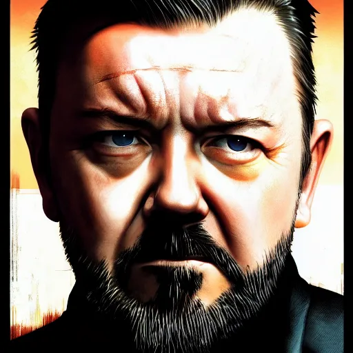 Image similar to closeup portrait of a ricky gervais as a hitman, the matrix, dramatic light, gorgeous view, depth, high detail, digital art, painted by greg rutkowski and seb mckinnon, by tim burton, trending on artstation