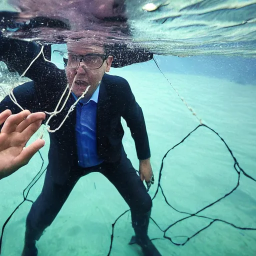 Prompt: vucic stuck in a fishing net, struggling, underwater, photo