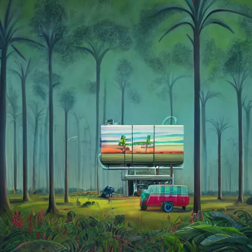 Prompt: beautiful painting of a giant printer in the middle of a jungle in the style of Simon Stålenhag