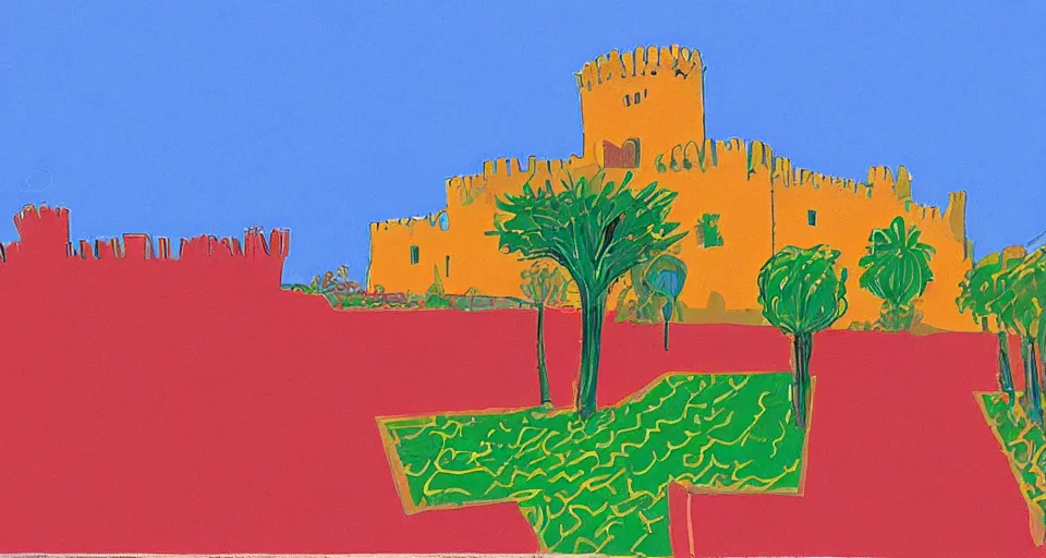 Image similar to color sketch of denia castle, highly detailed, dramatic lighting, intense shadows, rich deep colours, by david hockney