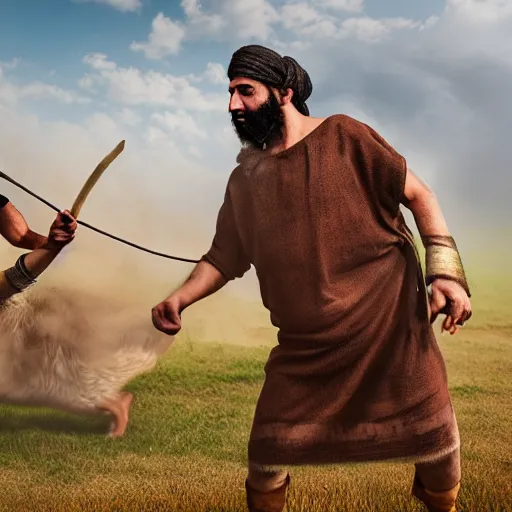 Prompt: photographic portrait of angered Mediterranean skinned man in ancient Canaanite farmer clothing fighting a Mediterranean skinned shepherd in ancient Canaanite shepherd clothing, farm field background, sharp detail, hyper realistic, foggy atmosphere, intense facial expression, octane render