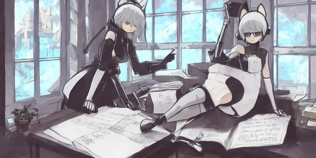 Prompt: 2b from nier automata wearing a headset with cat ears, focused on her homework inside a white church, tinted window in the background, robot cat pet sleeping on the desk, highly detailed, miyazaki ghibli style illustration, imaginary slice of life