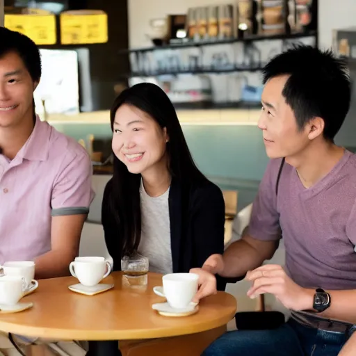 Image similar to taiwan brother, sister and her foreign husband sit down waiting for coffee in cafe