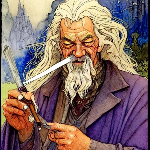 Image similar to a realistic and atmospheric watercolour fantasy character concept art portrait of gandalf with bloodshot eyes giggling and smoking a pipe looking at the camera by rebecca guay, michael kaluta, charles vess and jean moebius giraud