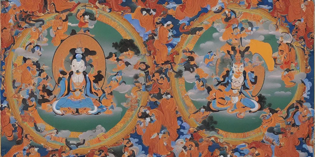 Image similar to The devil runs a group of people's lives in a big circle, Thangka painting style.