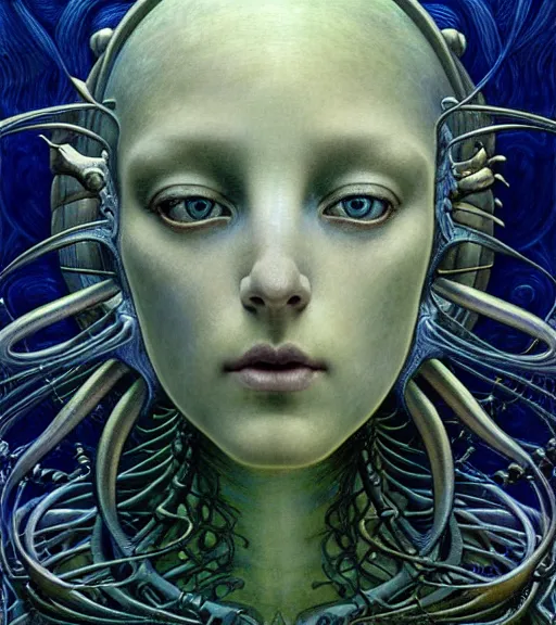 Image similar to detailed realistic beautiful young alien robot as queen of mars face portrait by jean delville, gustave dore and marco mazzoni, art nouveau, symbolist, visionary, gothic, pre - raphaelite. horizontal symmetry by zdzisław beksinski, iris van herpen, raymond swanland and alphonse mucha. highly detailed, hyper - real, beautiful