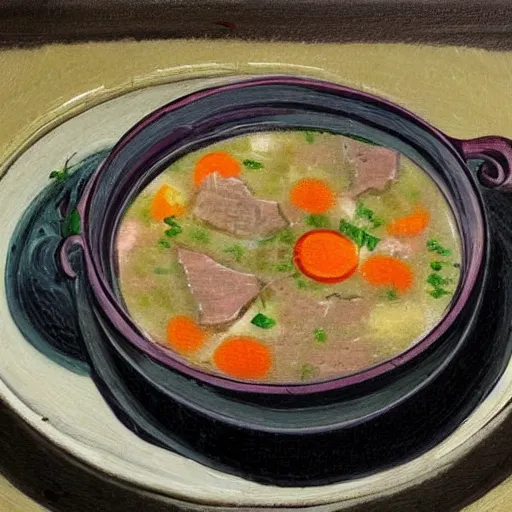 Prompt: a bowl of steak soup on a table lower corner view in the style of loish van baarle, painting, fancy