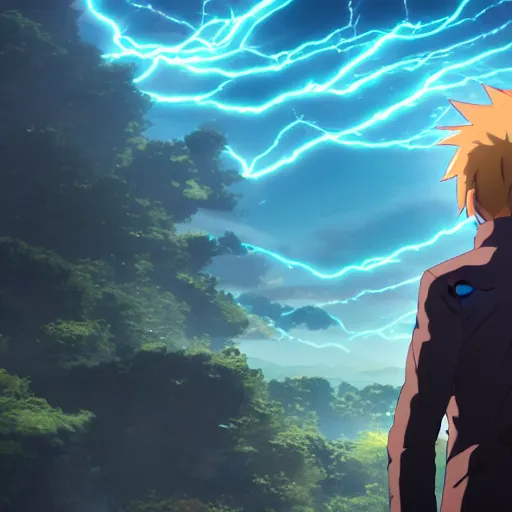 Prompt: an epic anime of a man surrounded by lightning bolts, big jacket, ghibli, unreal 5, octane render, rpg portrait, dynamic lighting, epic, epic anime, 2 d