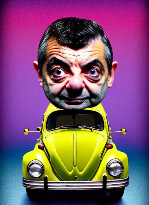 Image similar to hyper detailed 3d render like a Oil painting muted colors - slightly silly portrait of Rowan Atkinson cross eyed as Mr. Bean atop his yellow beetle in Aurora seen tickling of the Strangling network of yellowcake aerochrome and milky Fruit and Her delicate Hands hold of gossamer polyp blossoms bring iridescent fungal flowers whose spores black the foolish stars by Jacek Yerka, Mariusz Lewandowski, Houdini algorithmic generative render, Abstract brush strokes, Masterpiece, Edward Hopper and James Gilleard, Zdzislaw Beksinski, Nicoletta Ceccoli, Wolfgang Lettl, hints of Yayoi Kasuma, octane render, 8k