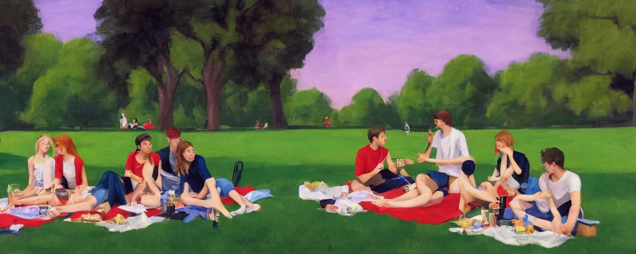 Image similar to a young generation z group of friends having a picnic in a central park manhattan new york on friday mid - summer of 2 0 2 2, in the style of an edward hopper painting