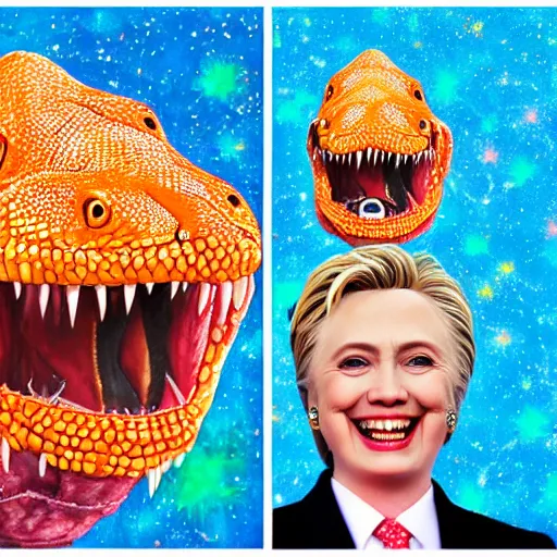 Image similar to president hilary clintonas a smiling laughing bright orange lizard person with bumpy dinosaur skin, airbrush painting, hyper detailed, 8 k, photorealism, rule of thirds, glitter.