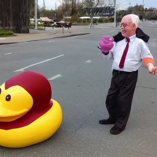 Image similar to old man cosplaying as a rubber duck