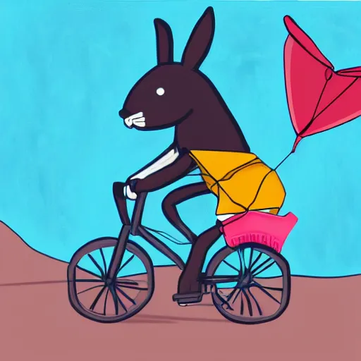 Image similar to a humanoid rabbit riding a bicycle while flying a kite, digital painting