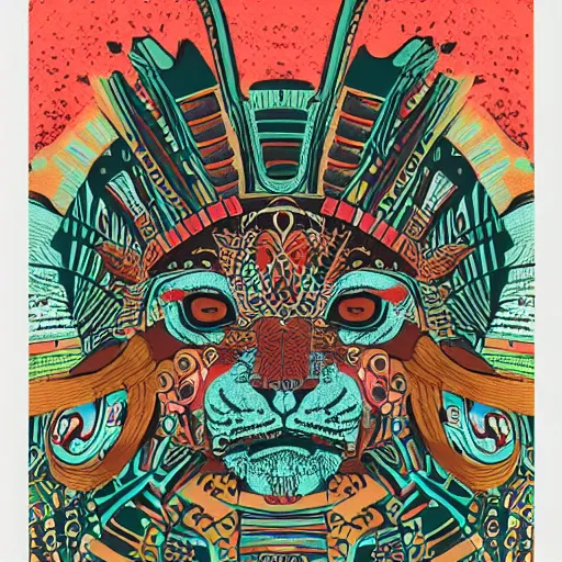 Image similar to illustration of mayan jaguar warrior, sullen, showing irritation or ill humor by a gloomy silence or reserve. in colors # 1 1 3 4 a 6, # 7 3 c 2 fb, # 6 6 9 3 fs, # 9 8 fb 9 8, # 0 1 7 9 6 f, by studio multi and victo ngai, malika favre