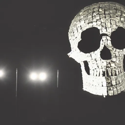 Prompt: a skull made out of broken mirrors, reflecting light in a nightclub, grainy film still