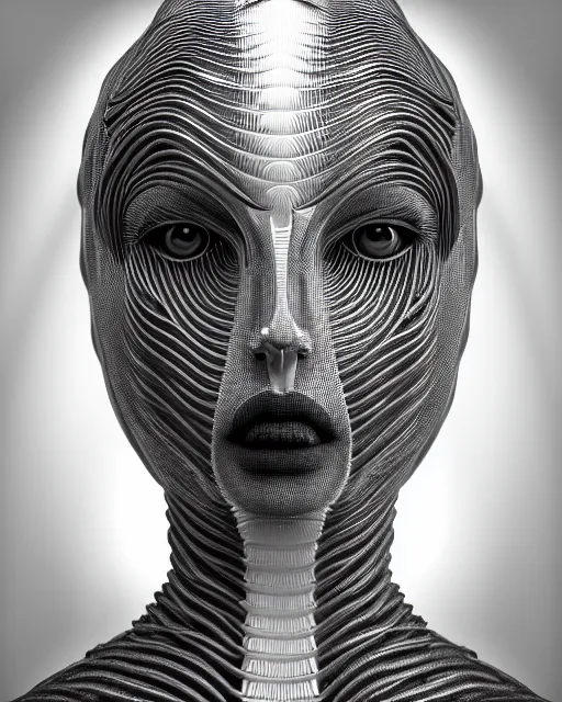 Image similar to mythical black and white organic bio-mechanical spinal ribbed face portrait detail of mechanical beautiful female angelic-vegetal-cyborg, highly detailed, intricate ornate, poetic, 3D render, digital art, octane render, 8K artistic photography, photo-realistic, by Man Ray