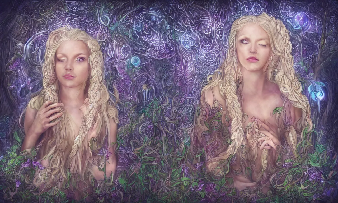 Image similar to beautiful blonde woman with plaits, forest fae, psychedelic mushrooms, magic, mystical, white witch, photorealistic, sacred geometry