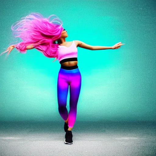 Image similar to a award winning full body shot of a beautiful woman in a croptop and leggings with a ombre purple pink teal hairstyle with head in motion and hair flying, outrun, vaporware, vivid colors, highly detailed, fine detail, intricate