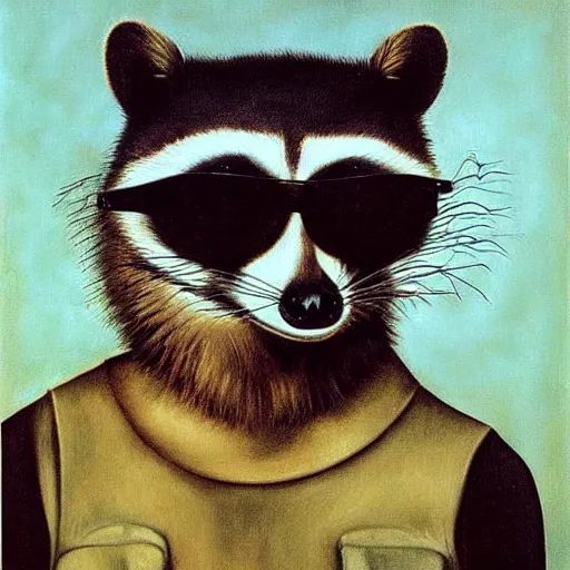 Prompt: cigarette smoking raccoon with sunglasses portrait by Frida Kahlo painting