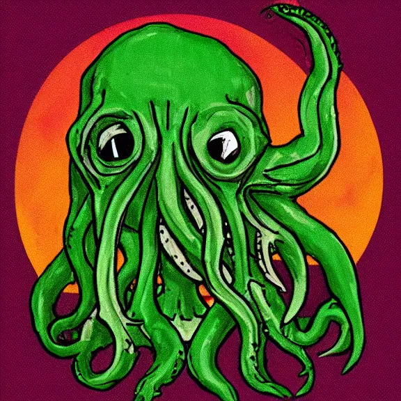 Image similar to a cute cthulhu icon drawn in the style of rockwell kent