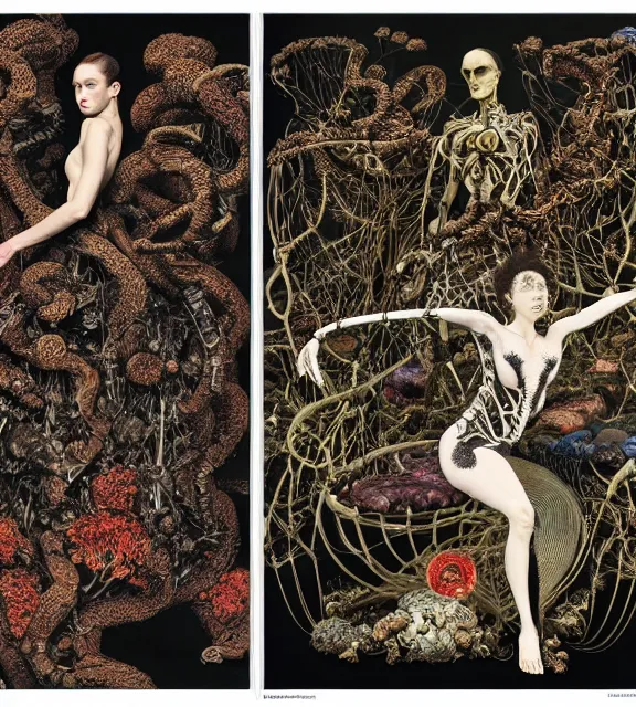 Image similar to still frame from Prometheus, biomechanical gaia sowing in blossoming mycelium gardens by Neri Oxman and alexander mcqueen, metal couture haute couture editorial by giger by utagawa kuniyoshi