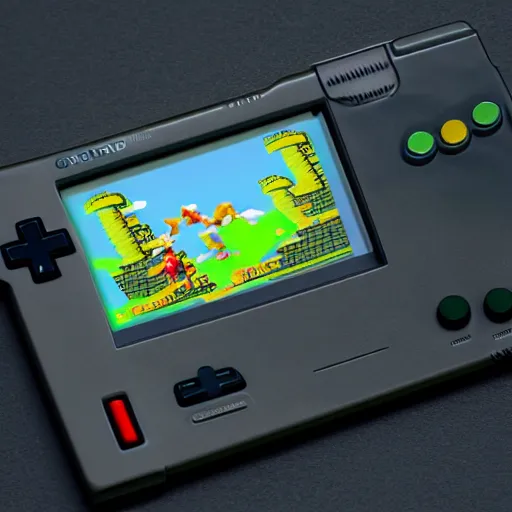 Prompt: photo of a gameboy with game on the screen, product shot, hdr sharp and detailed