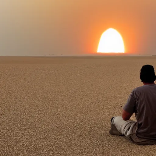 Image similar to guy sitting on the desert sand watching a nuclear explosion go off on the horizon, foggy