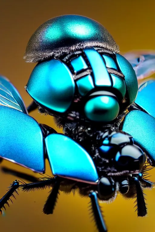 Image similar to high quality macro robot metallic tachinid fly! gorgeous highly detailed hannah yata elson peter cinematic turquoise lighting high quality low angle hd 8k sharp shallow depth of field