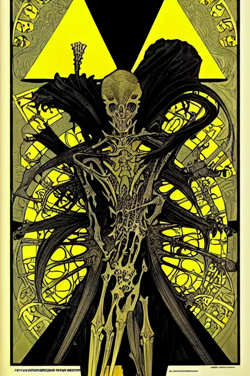 Prompt: black and yellow flat color risoprint, alphonse mucha, richard corben, wayne barlowe, moebius, heavy metal comic cover art, psychedelic triangular skeletal calcification fungus lich in darkiron spike armor, full body, hollow eyes, symmetrical face, long black crown, in a dungeon background, moody dark colors