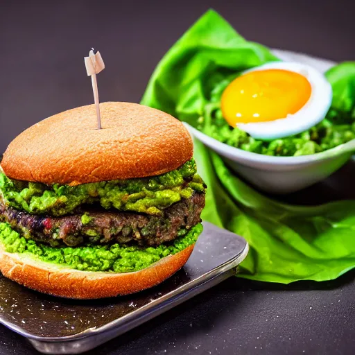 Image similar to juicy vegan hamburger topped with guacamole and fried onion and a vegan fried egg, crispy buns, 8 k resolution, professional food photography, studio lighting, sharp focus, hyper - detailed