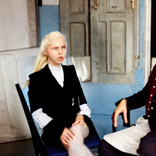 Image similar to aristocratic platinum - blonde - haired hime - cut blue - eyed 1 9 - year - old french princess wearing white leggings and black jacket, sitting in a communist office chatting with a bolshevik officer, colorized hd photograph