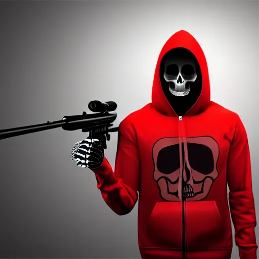 Image similar to a skeleton in a red hoodie with a rifle ultrarealism