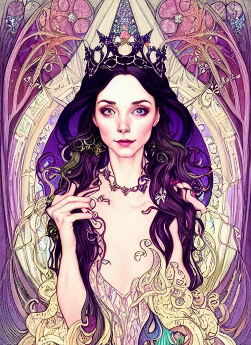 Prompt: fantastic portrait of a beautiftul witch with some shinny star, crown, royally decorated crystal gemstones, symmetrical face, art nouveau, portrait, cute, fairy, by artgerm, kelly mckernan, charlie bowater, alphonse mucha, detailed background, artstation, intricate, elegant, highly detailed, colorful, maximalist