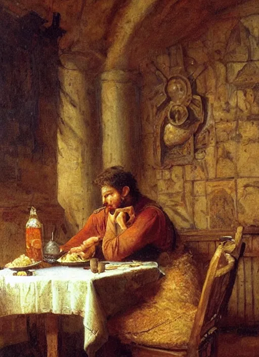 Image similar to young man eating a burger in a medieval dinning room, surrounded by starving people in front of a giant painting, extremely realistic and highly detailed painting by gaston bussiere, soft light, gold ratio