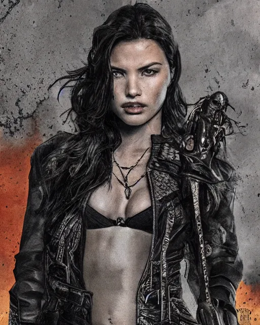 Image similar to Adriana Lima in sons of anarchy tv show, wearing jacket, D&D style , highly detailed, digital art, trending on artstation, smooth, sharp focus, illustration, art by artgem and ROBERT HYNES