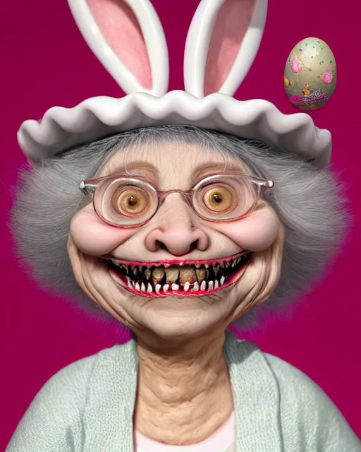 Prompt: highly detailed closeup, fat shiny ceramic white hair old happy woman with perfect teeth, easter hat, clothes, looking forward, full face view holding a cheshire cat, hyperrealistic, artstation, illustration, nicoletta ceccoli, mark ryden, lostfish, dan decarlo, bob clampett, max fleischer, matte paint, vivid colors