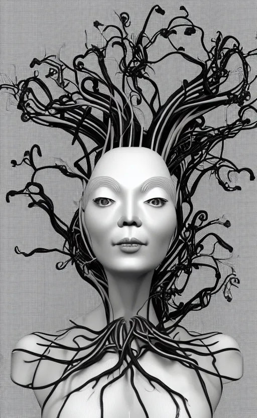 Image similar to black and white complex 3d render of 1 beautiful profile woman porcelain face, vegetal dragon cyborg, 150 mm, sinuous silver metallic ghost orchid flower stems, magnolia, roots, leaves, foliage, greenery, fine lace, maze-like, mandelbot fractal, anatomical, facial muscles, cable wires, microchip, elegant, highly detailed, black metalic carbon armour with silver details, rim light, octane render, H.R. Giger style, David Uzochukwu