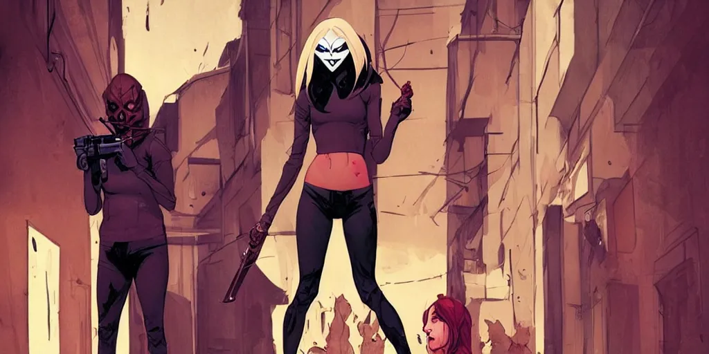 Prompt: style of Jaime McKelvie and Joshua Middleton comic book art, cinematic lighting, realistic, bunny mask female villain holding a bloody kitchen knife, standing in an alleyway, full body sarcastic pose, symmetrical, realistic body, knee high socks, 6 people stabbing and shooting each other, The Purge, fires, night, horror, dark color palette