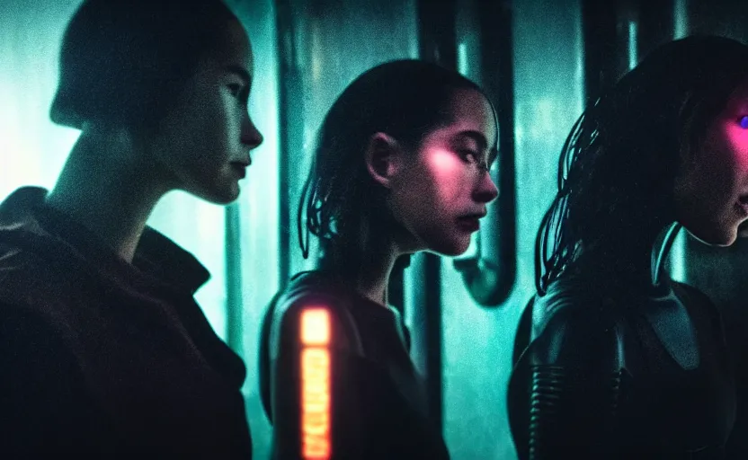 Image similar to cinestill 5 0 d candid photographic portrait by christopher nolan of two loving female androids sobbing wearing rugged black mesh techwear in treacherous city waters, medium closeup, modern cyberpunk moody emotional cinematic, pouring iridescent rain bright spotlight, 8 k, hd, high resolution, 3 5 mm, f / 3 2, ultra realistic faces, ex machina