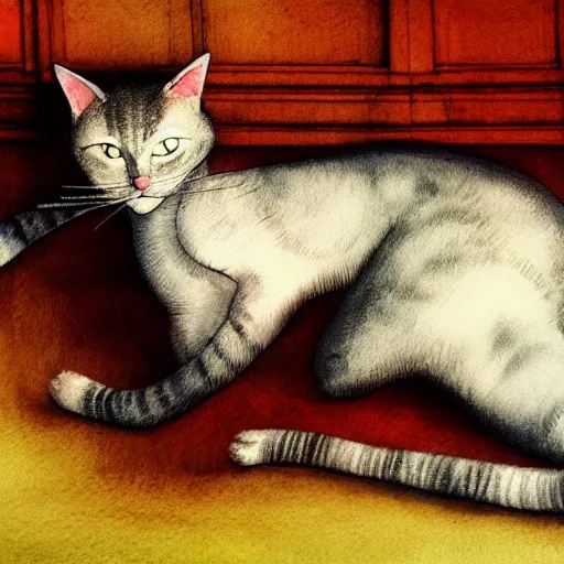 Prompt: the cat's lethargy belied an element of grace, line art, redshift render, watercolor on canvas, by Edgar Degas, by Junji Ito, ink, 4k render, sharp image