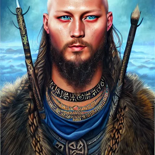 Image similar to ultra realistic portrait painting of a ragnar from the vikings with blue eyes and tribal tattoo, painted by Tristan Eaton Stanley Artgerm and Tom Bagshaw