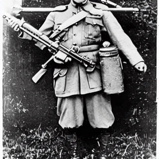 Prompt: old wartime photograph of spongebob squarepants holding a lewis gun, 1 9 1 7