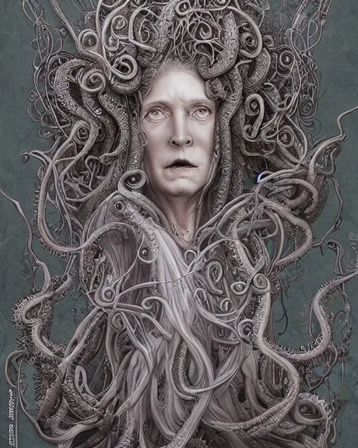 Image similar to centered beautiful detailed side view profile portrait of a insane, crazed, mad old woman with long grey hair, ornate tentacles growing around, ornamentation, thorns, vines, tentacles, elegant, beautifully soft lit, full frame, by wayne barlowe, peter mohrbacher, kelly mckernan, h r giger