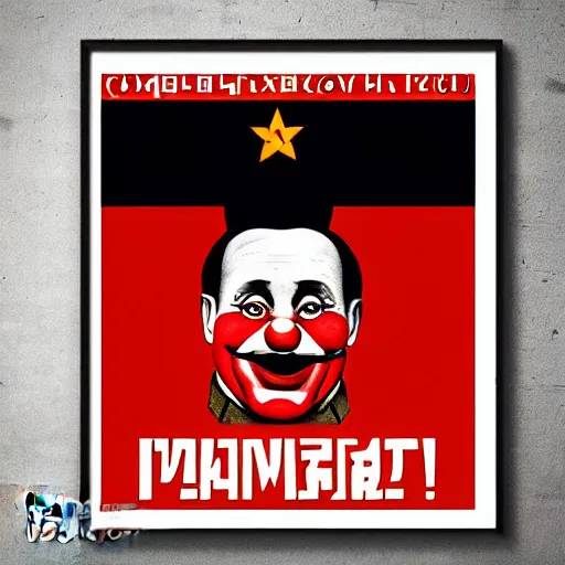 Image similar to communist clown portrait, soviet propaganda style, poster, putin