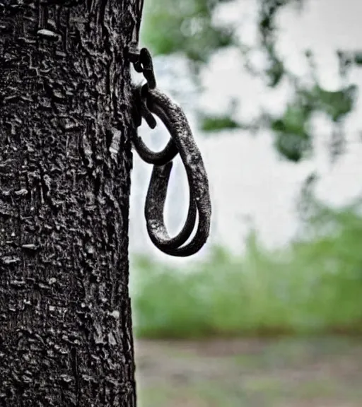 Image similar to sad rubber tire hanging from a tree from a noose