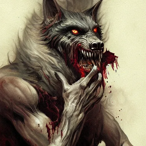 Image similar to Dark Fantasy Painting of a werewolf with blood dripping from its mouth, creepy, unsettling, horror, upper body, intricate, wild, highly detailed, digital painting, artstation, concept art, smooth, sharp focus, illustration, art by artgerm and greg rutkowski and alphonse mucha