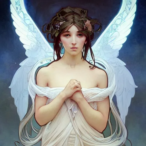 Image similar to a beautiful painting of a beautiful angel by ross tran!! and alphonse mucha and greg rutkowski! and gustav dore! and artgerm!!, in style of digital art illustration. symmetry. highly detailed face. fantasy, smooth, hyper detailed, sharp focus, soft light. trending on artstation. 4 k