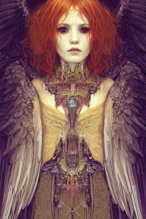 Prompt: portrait of beautiful young gothic angelic maiden, cyberpunk, highly detailed, artstation, illustration, art by Gustav Klimt